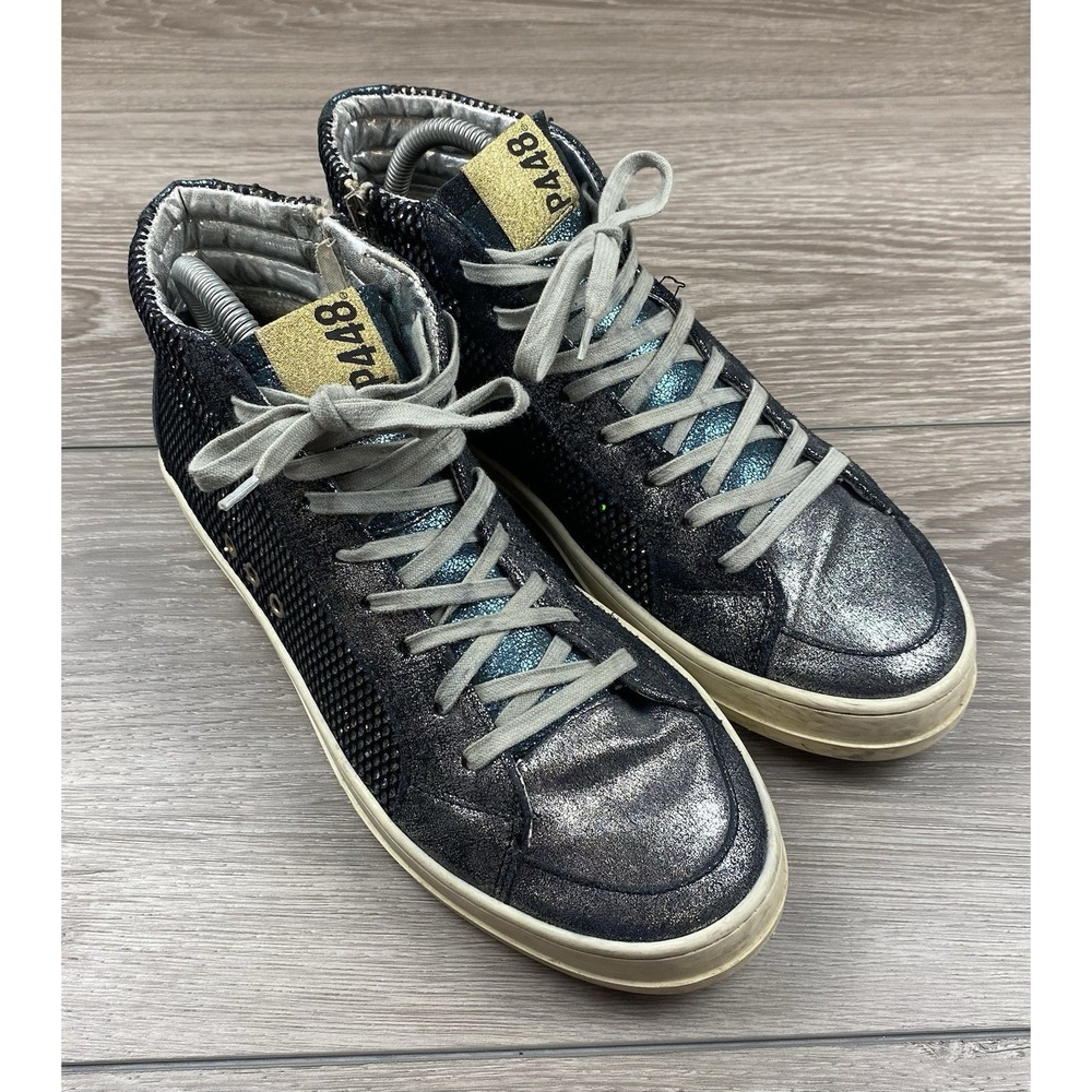 P448 Women's High‎ Top Metallic Glitter Sneakers Grey Blue Size 39 US 9